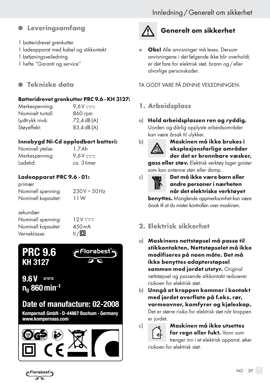 Bench PRC 9.6 manual Innledning / Generelt om sikkerhet, Leveringsomfang, Tekniske data, Arbeidsplass, Elektrisk sikkerhet 